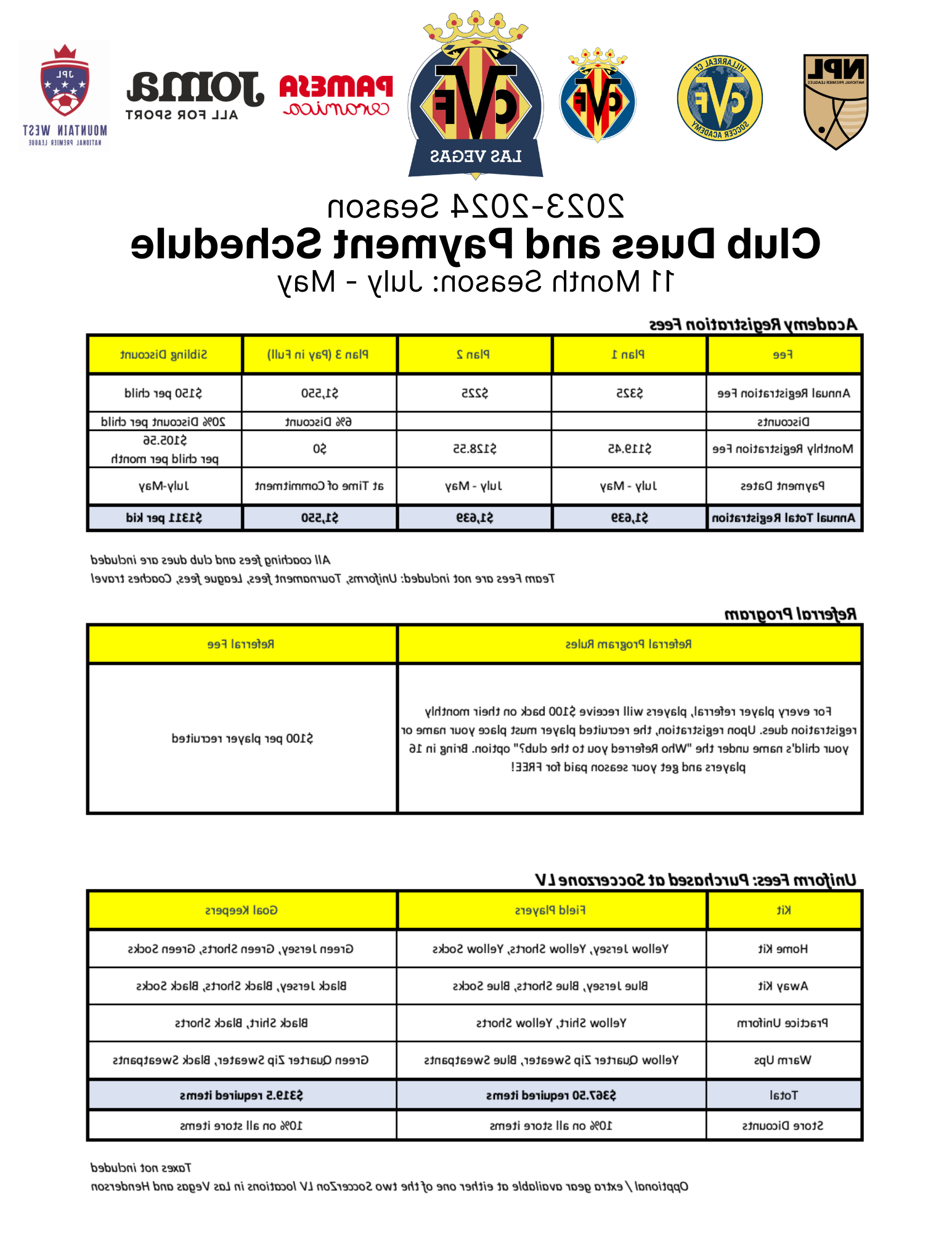 Club Dues and Payment Schedule